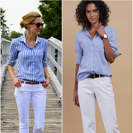 Jeans bianco con…..camicia a righe azzurre!